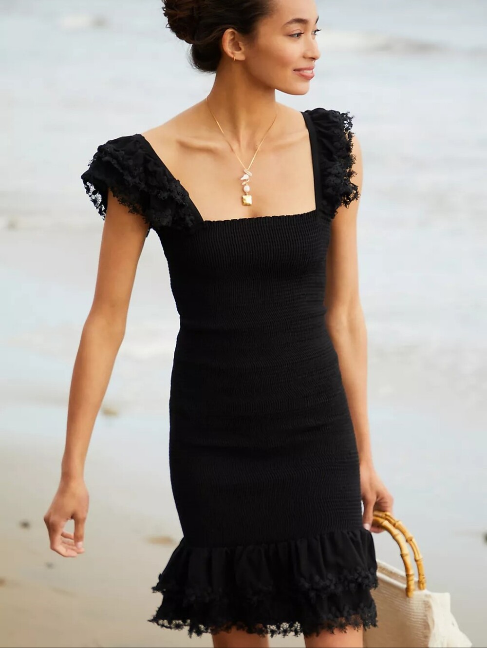 Peixoto Anthropologie Mermaid Dress Ruffle Bodycon Stretch Black Fits S